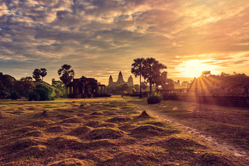 View of Angkor Wat at sunrise, Archaeological Park in Siem Reap, Cambodia UNESCO World Heritage Site