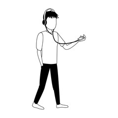 Man listen music with headphones in black and white