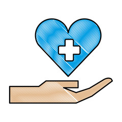hand with medical heart and cross symbol