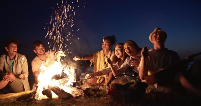 Group of six old multi-ethnic friends sitting near bonfire, roasting sausages and marshmallow, having a summer beach party, talking, enjoying their time 4k