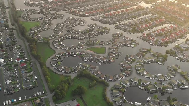 Aerial View of the Geometric Shaped Lemmer Marina in the Netherlands at Sunrise