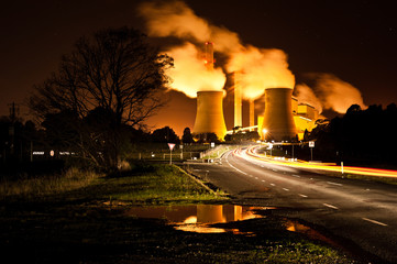 Brown coal power station at night
