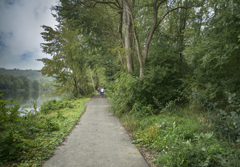 Bicyclists on beautiful bicycle path between trees and river in France