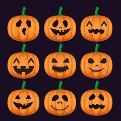 happy halloween card with set pumpkins