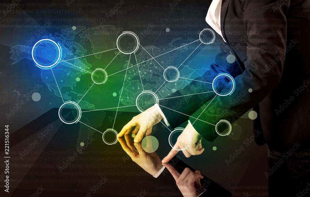 Poster Male hands touching interactive table with colorful world map on it 