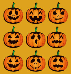 happy halloween card with set pumpkins