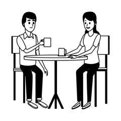 Couple drinking coffee on table in black and white