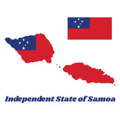 Map outline and flag of Samoa, A red field with the blue rectangle and white star. with name text independent state of Samoa.