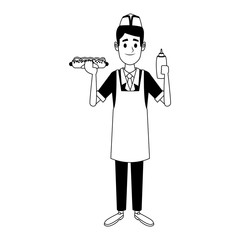 Cooker with hotdog and ketchup in black and white