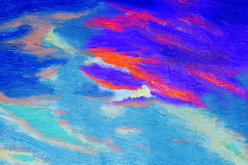 Abstract original oil painting with blue sky and cloud background.