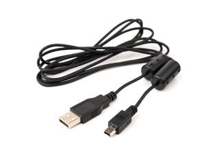 Printer and camera USB Cable on white background, selective focus
