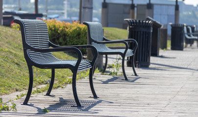 Fototapeta na wymiar Empty black benches waterfront park, summer, Halifax, no people.