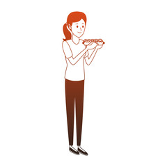 Woman eating hot dog orange lines
