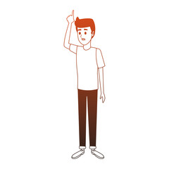 Young man pointing up with hands orange lines