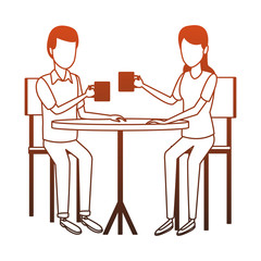 Couple drinking coffee on table orange lines