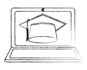 laptop computer and graduation hat