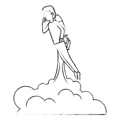 young man flying with rocket