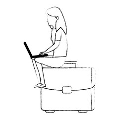 young woman working with laptop in portfolio