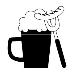 Beer in wooden cup with sausage in black and white