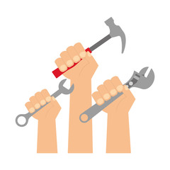 three hands holds hammer wrench and adjustable key