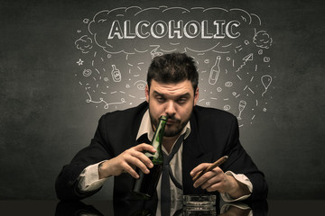 Loser drunk man with drinking, drug, hangover, alcoholic drugs concept
