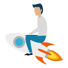 young man flying with rocket