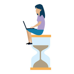 young woman working with laptop in hourglass