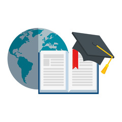 text book with hat graduation and world planet