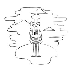 restaurant female chef with cake in landscape