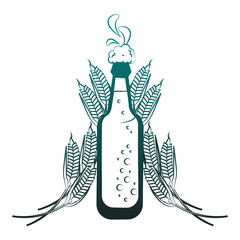 Beer bottle and wheat in blue lines