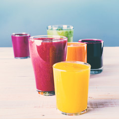 Juices Smoothie Different Glasses Health Concept