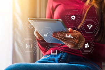 Women use smart phones for mobile payments, online shopping, omni channels, sit at virtual chairs,...
