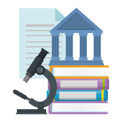 pile text books with microscope and library building