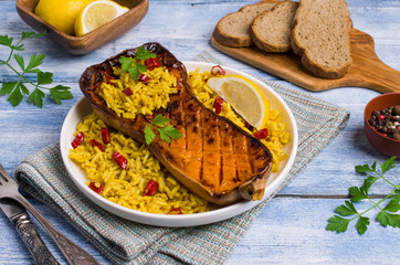 Baked Butternut squash with spicy rice