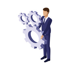Businessman holding gear isometric