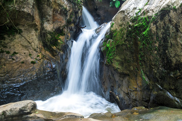Fototapeta na wymiar calm nature stream waterfall around the rocks in forest