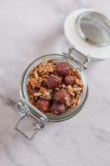 Joghurt mit Müsli und Pflaumen Kompott 