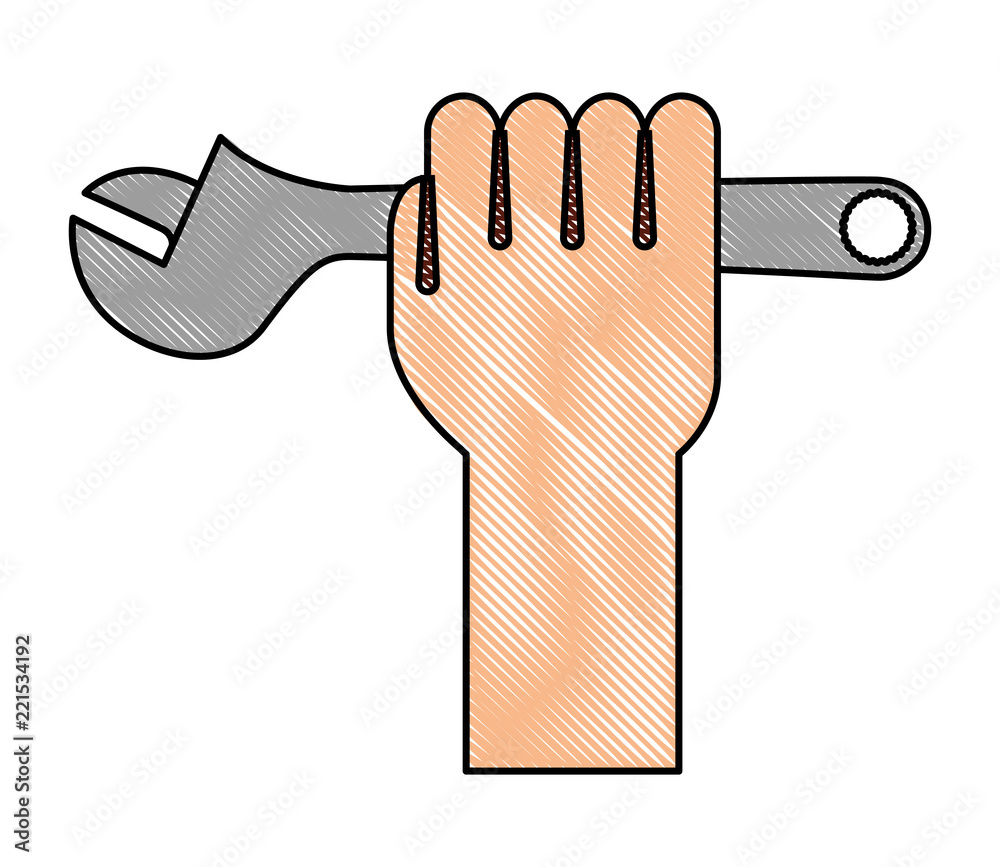 Poster hand with wrench key tool icon