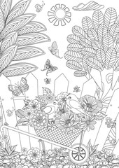 rustic landscape with cute birds in flowers for your coloring bo