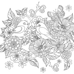 lovely couple of enamored birds in fancy flowers for your colori