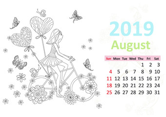 Happy coloring page. Calendar for 2019, august