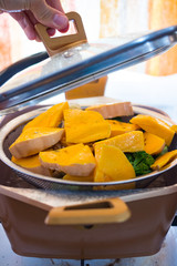 Steamed, cooked, boiled vegetables. Vegan, vegetarian healthy food concept