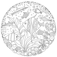 marine circle ornament with cute fishes for your coloring book