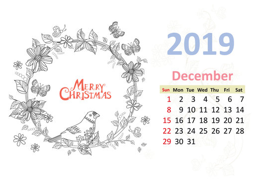 Happy coloring page. Calendar for 2019, december