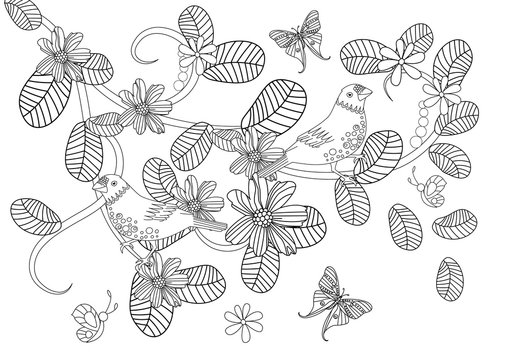 graceful nature pattern with birds for your coloring page