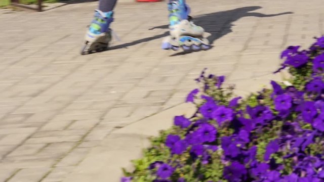 Legs of a child in roller skates. Child rolls in pablic park. Slow motion