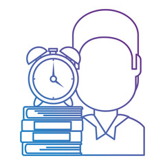 man with text books and alarm clock