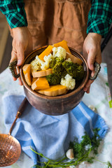 Steamed, cooked, boiled vegetables. Vegan, vegetarian healthy food concept