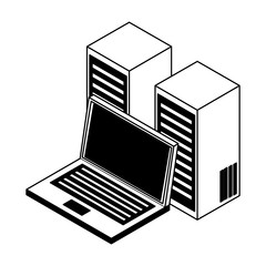 Laptop and servers isometric in black and white