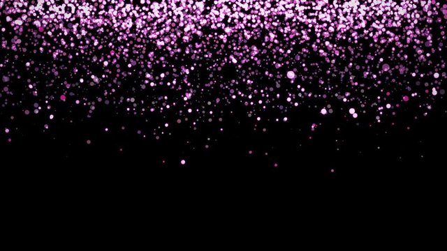 Purple glitter partikles texture falling down on black background.
